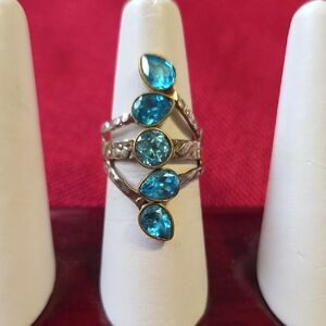 Vintage Elegant Stacked Multi-Stone Blue Topaz Gemstone Two-Tone Ring